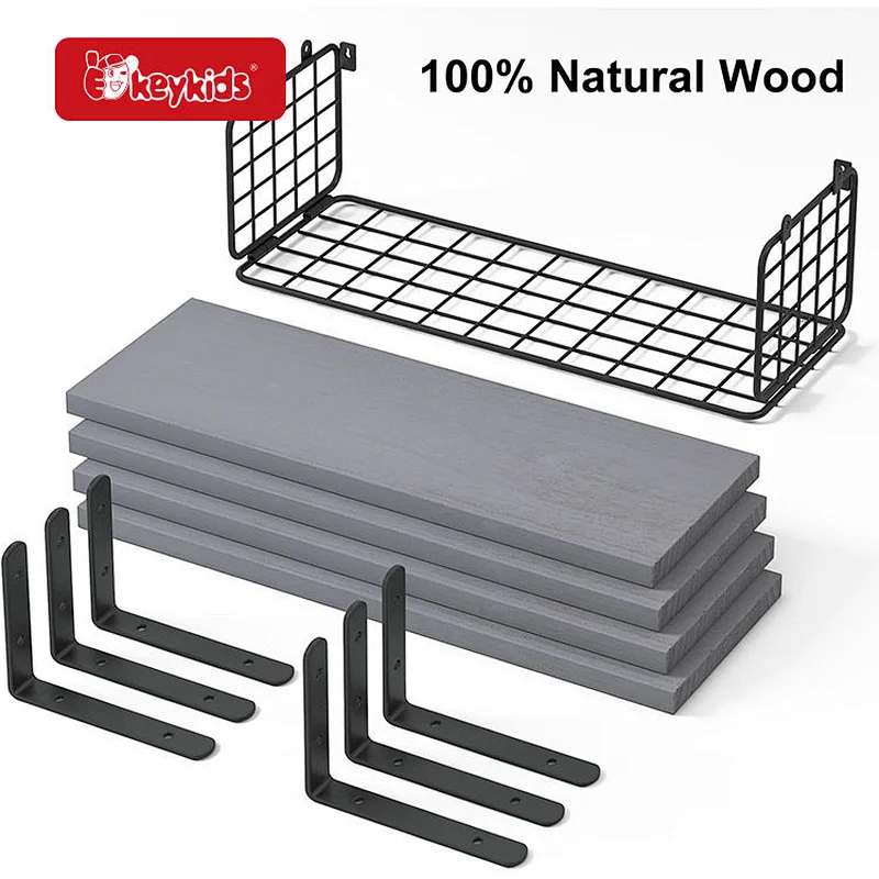 4+1 Tier Floating Bathroom Wooden Wall Mounted Shelf with Wire Storage Basket W09D137