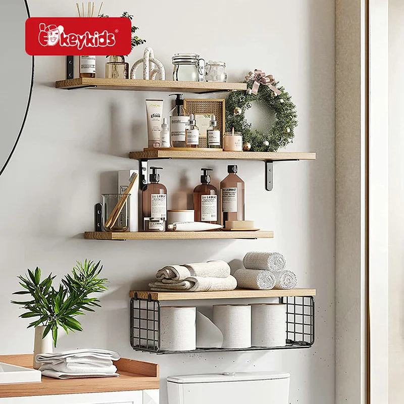 4+1 Tier Floating Bathroom Wooden Wall Mounted Shelf with Wire Storage Basket W09D137