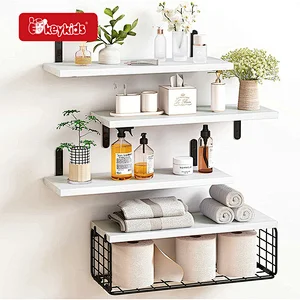 4+1 Tier Floating Bathroom Wooden Wall Mounted Shelf with Wire Storage Basket W09D137