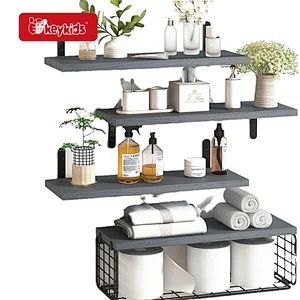 4+1 Tier Floating Bathroom Wooden Wall Mounted Shelf with Wire Storage Basket W09D137