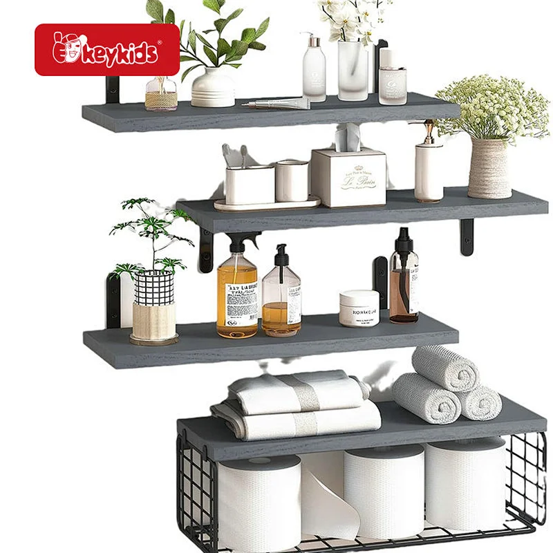 4+1 Tier Floating Bathroom Wooden Wall Mounted Shelf with Wire Storage Basket W09D137